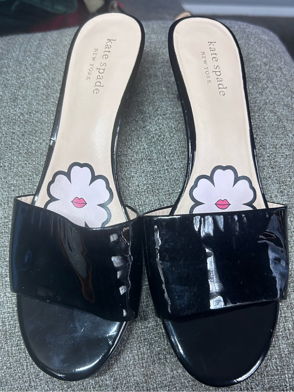 Kate Spade New York Black Patent Slide Kitten Heel Sandals, Sz 7